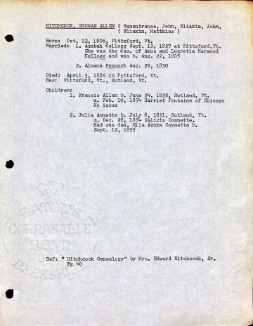 HITCHCOCK, Thomas Allen (1806 1886 Pittsford) KELLOGG PENNOCK HARWOOD COMMETTE